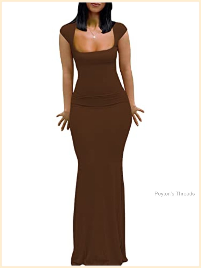Cap Sleeve Square Neck Bodycon Mermaid Maxi Dress - Party Evening